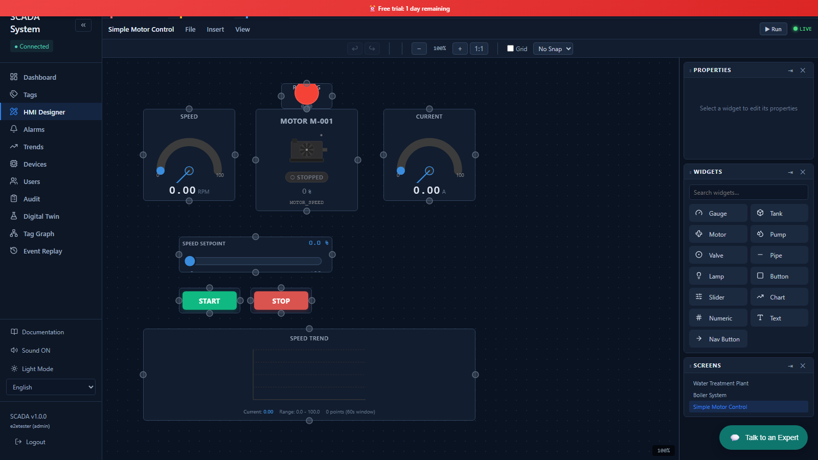 SCADA HMI editor — drag-and-drop dashboard designer